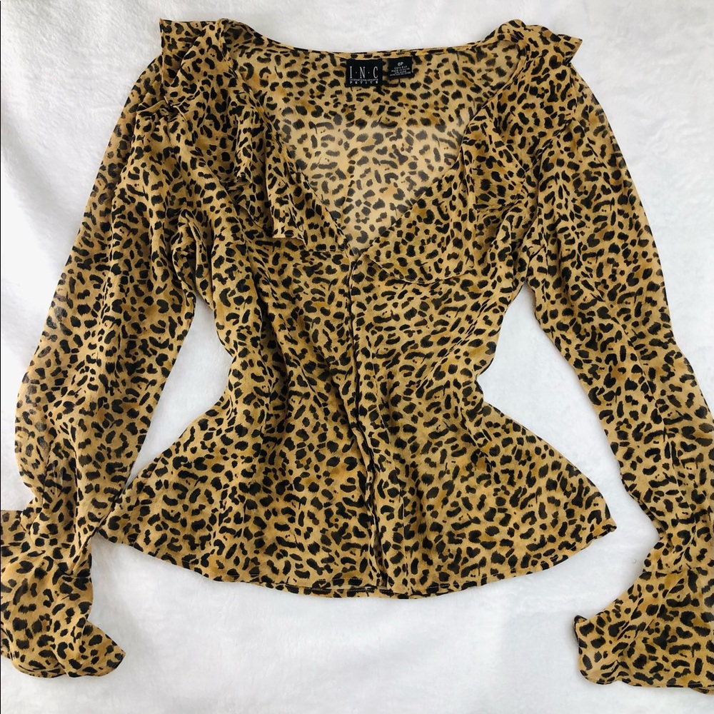 Sheer silk cheetah print INC international concepts ruffle top